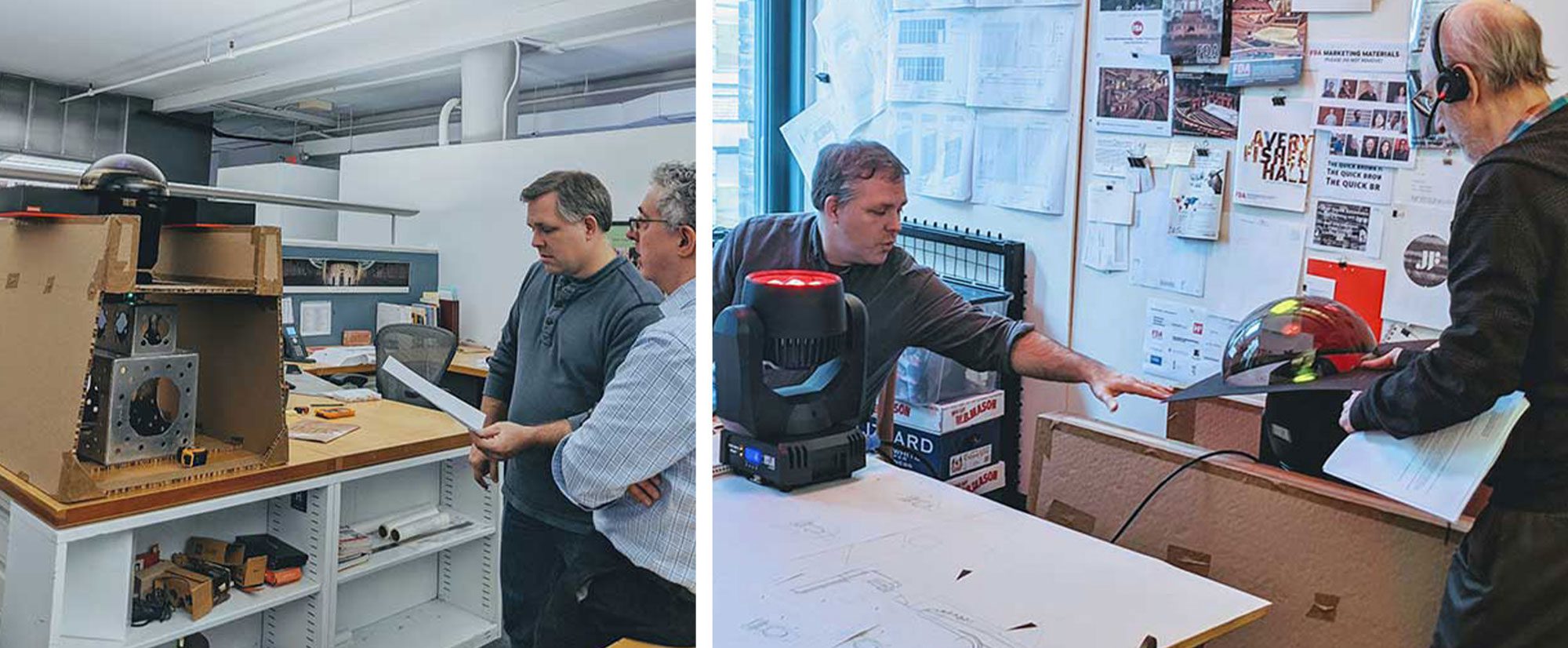 Pictured: Jeff McCrum testing lighting solutions with Peter Rosenbaum (left), and Jules Fisher (Right) Pictured: Jeff McCrum testing lighting solutions with Peter Rosenbaum (left), and Jules Fisher (Right)
